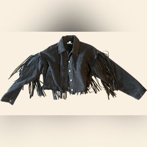 FESTIVAL SEASON Western Black Cropped Denim Jacket with Fringe